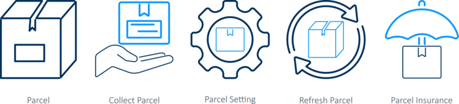 A set of 5 Mix icons as parcel, collect parcel, parcel setting