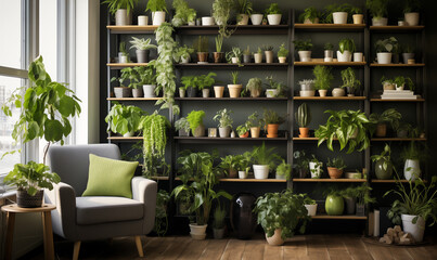Stylish composition of home garden interior filled a lot of beautiful plants in different design pots. Green wall paneling. Home gardening concept Home jungle. - Powered by Adobe