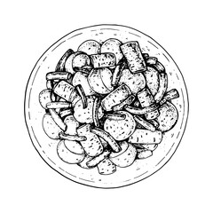 Potato salad sketch. Hand drawn vector illustration. Healthy food. Salad with potato, sliced carrot, green beans.