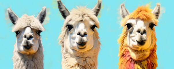 Stylish alpacas on blue background banner