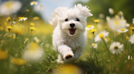 A cheerful cute white dog plays in a dandelion field in spring. Active spring and summer holidays - obrazy, fototapety, plakaty