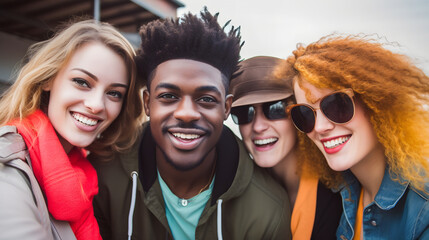 group of multi cultural students, team of young people on a selfie photo. Cool Afro guy with blond and  red head girls smiling together. concept of a pluralistic society.