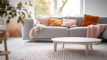 Cozy modern interior with soft carpet, gray sofa and bright details - obrazy, fototapety, plakaty