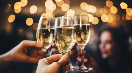 Celebration party or holiday party. Person holding glasses of champagne making a toast. Champagne, wine, drink, celebrate, alcohol, party, toasting, happy,  success, clink, friendship