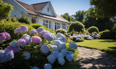 Summer garden view with blooming Hydrangea paniculata. Cottage garden style. - obrazy, fototapety, plakaty