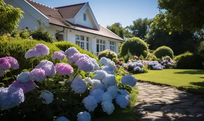 Tuinposter Summer garden view with blooming Hydrangea paniculata. Cottage garden style. © Irina