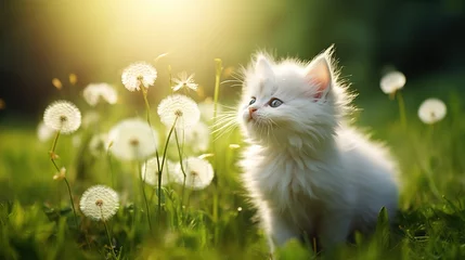 Fotobehang A small fluffy funny kitten enjoys on a spring summer meadow among dandelion flowers. Postcard banner spring time © Irina Sharnina