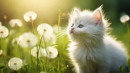 Tuinposter A small fluffy funny kitten enjoys on a spring summer meadow among dandelion flowers. Postcard banner spring time © Irina Sharnina