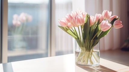 Obraz na płótnie Canvas A beautiful bouquet of fresh spring flowers in a glass vase in the warm rays of the sun against the background of a window in a cozy home interior. Decorating the living room with blooming flowers