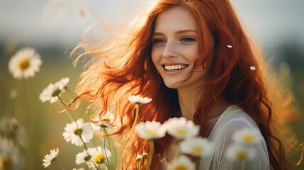 Close-up portrait of a beautiful red-haired girl in a simple dress standing on a spring summer field with a bouquet of chamomile. Tenderness of a woman. - obrazy, fototapety, plakaty