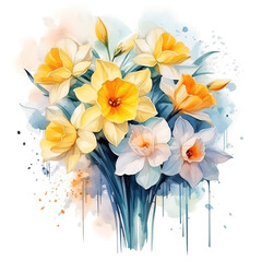 Watercolor illustration bouquet of daffodils 