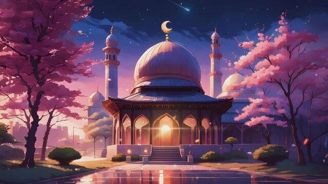 illustration of a mosque with a view of Japan or Korea, there are cherry trees at night. Ramadan background. Seamless and looping digital Painting animation style.