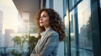 Fototapeta premium Successful business woman leader entrepreneur confidently looks out the window against the background of a modern office