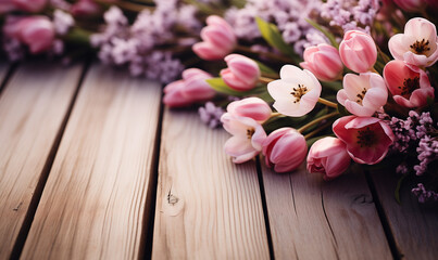 spring flowers on the wooden pink backgraund.