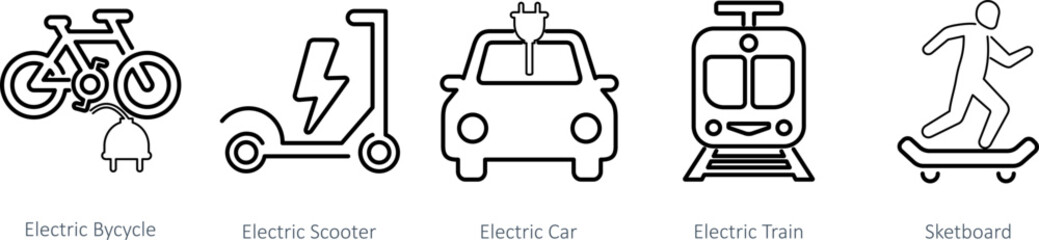 A set of 5 Mix icons as electric bicycle, electric scooter, electric car