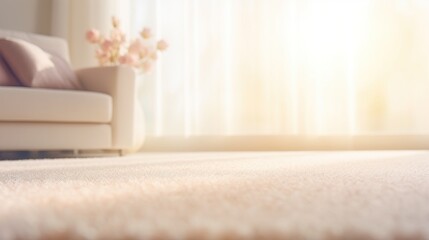 Close-up of a white soft carpet against a blurred background of a light minimalist interior with a sofa. Empty living room space