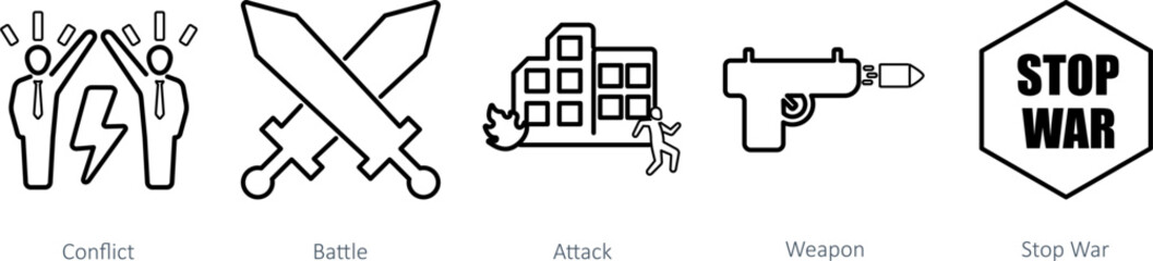 A set of 5 Mix icons as conflict, battle, attack