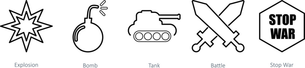 A set of 5 Mix icons as explosion, bomb, tank