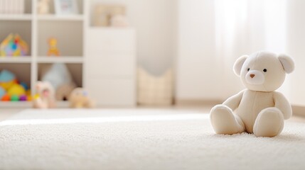 Cozy bright interior of a children's room with a soft white carpet and toys