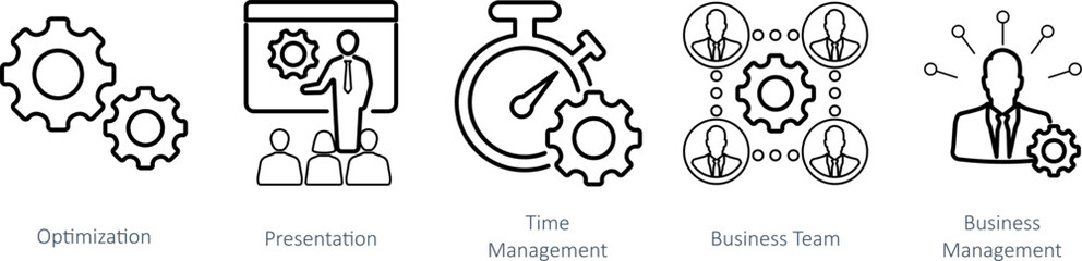 A set of 5 Mix icons as optimization, presentation, time management