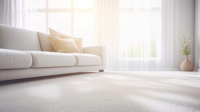 Close-up of a white soft carpet against a blurred background of a light minimalist interior with a sofa. Empty living room space
