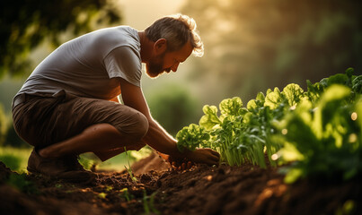 man farmer working in a vegetable garden. - obrazy, fototapety, plakaty