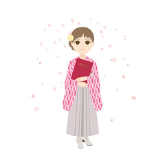 卒業証書を持つ袴姿の女性〜桜花びら01