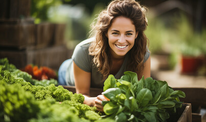 happy young woman posing in a vegetable garden.