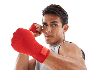 Boxer, man and hands in studio for kickboxing with sports for fitness, health and martial arts...