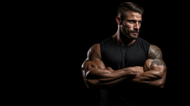 Strong athletic man isolated on dark background. Fitness and sport concept. 