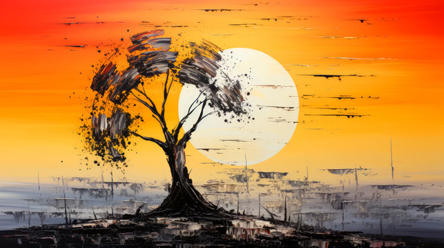 Abstract tree on the background of the sun and city at sunset.