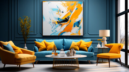 Modern living room interior with blue walls, wooden floor, blue sofa and orange armchairs.