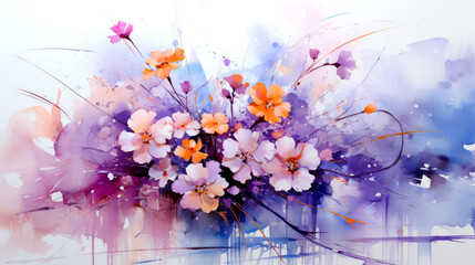 Bouquet of spring flowers on watercolor background. Colorful flowers.