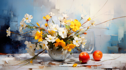 Still life with daffodils, daisies and tomatoes
