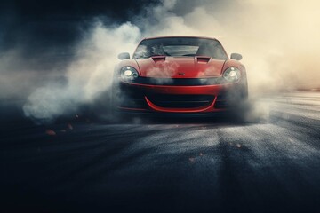 Generic sports car performing burnout or drifting on racing track with smoke and heat as wide...