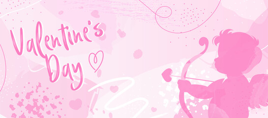 Fototapeta na wymiar Valentine's Day Banner: Romantic Love Background with Copy Space with Baby Cupid and Flowers Pattern. Pink, Festive Greeting Card Design.