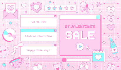 Y2K Groovy 90s Valentine's Day Vector Set: Retro Hearts, Computer Interface, and Sale Banners. Romantic, Cute, and Girly Aesthetics with Emojis and Holiday Graphics.