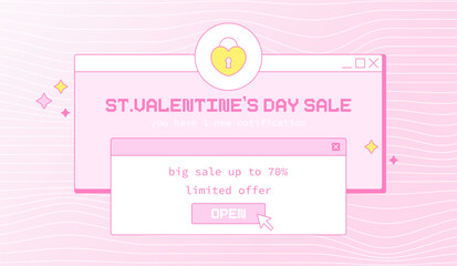 90's Y2K Aesthetic Valentine's Day Sale Banner: Cute Pink Retro Computer Notification Design with Heart Lock Icon.