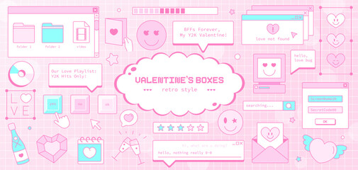 Y2K Pink Valentine's Computer Theme: Retro Love and Heart-Shaped Aesthetic Elements. Cute Stickers, Gift Boxes, and Interface Elements in Old Computer Style. Groovy2000s Vector for Romantic Design. - obrazy, fototapety, plakaty