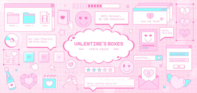 Y2K Pink Valentine's Computer Theme: Retro Love and Heart-Shaped Aesthetic Elements. Cute Stickers, Gift Boxes, and Interface Elements in Old Computer Style. Groovy2000s Vector for Romantic Design.