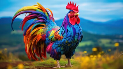 Colorful Rooster Gracefully Captured Against a Picturesque Field Backdrop - obrazy, fototapety, plakaty