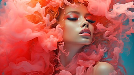 Banner Abstract fashion makeup concept with beautiful girl in color peach-fuzz cloud of smoke on isolated pastel blue background. Close-up portrait of a top model