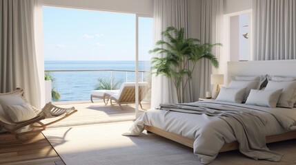 Fototapeta na wymiar A coastal-inspired bedroom with light and breezy curtains, capturing the essence of beachside living and creating a relaxing sleep environment.