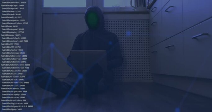 Sitting on the floor anonymous, remote software developer, hacker, working on his laptop. Animation of white code lines. Digital composite video, Cyberspace concept, security, big data, artificial