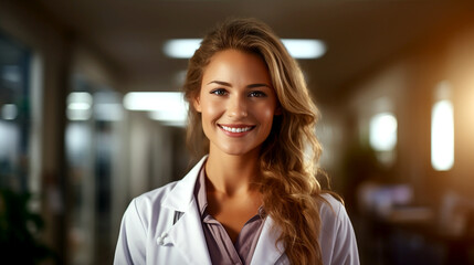 Senior woman doctor standing and smiling in laboratory room. Confident female doctor wearing white lab coat. For scientist, researcher, health care concept. Generative AI - obrazy, fototapety, plakaty