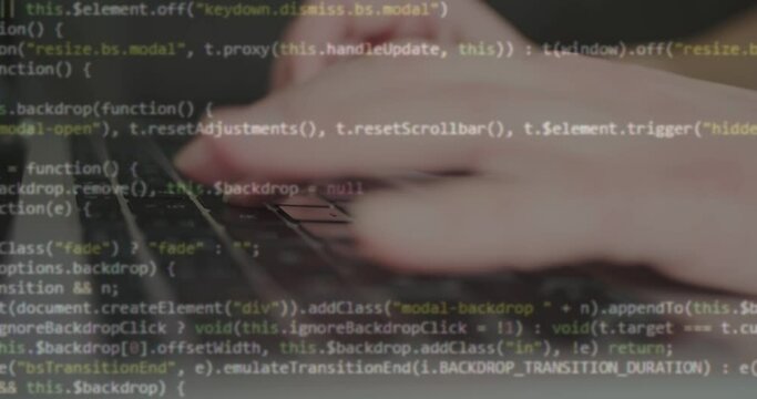 Close-up laptop keyboard, hands and fingers of anonymous female programmer typing keys, lines of digital symbols running 