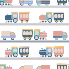 Vehicles on baby road seamless pattern. Cars and trains background. Hand drawn kid car. Baby print for clothing, textile, wallpaper, design, vector illustration