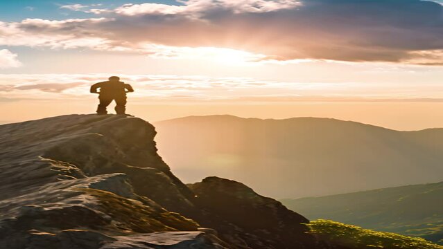 山の頂に立つ男性のシルエット AI画像 縦長 ビデオ