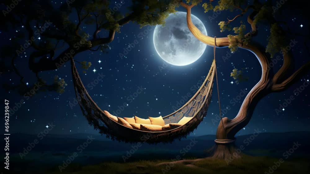Canvas Prints the big moon and the crescent shape hammock under the tree on a dark moonlight