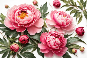 peony flower and leaves on white background